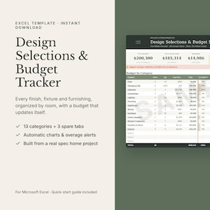 May include: An Excel template for a Design Selections & Budget Tracker. The interface displays a budget summary with categories like paint, flooring, cabinetry, and lighting, featuring columns for quantity, price, total, and budget status.