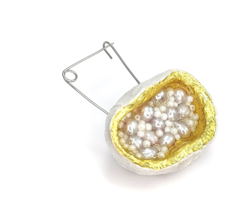 Fruits of Hope 2. A story in white Collection. Mangosteen and Paper sculpture, 22Kt Gold Leaf, fresh water Pearls image 1