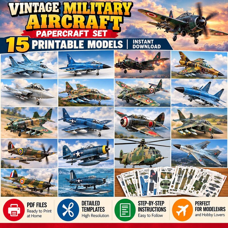 Papercaft Model Plane 15 Vintage Military Aircraft Papercraft Models, Printable Paper ...