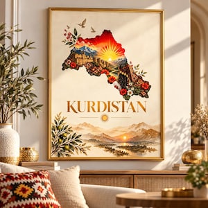 May include: A framed wall art print featuring a map of Kurdistan filled with a sunrise, mountains, and floral patterns. Below the map, the text KURDISTAN is centered above a landscape illustration of mountains, a river, and olive branches.