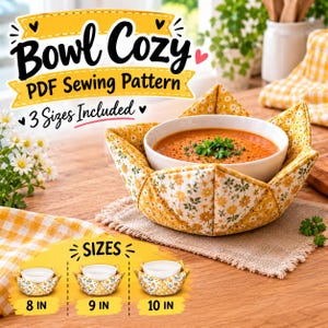 Bowl Cozy Sewing Pattern PDF, Fabric Bowl Holder Pattern, Quilted Bowl Cozy, 3 Sizes 8, 9 & 10 Inch, Digital Download