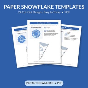 May include: Paper snowflake templates featuring 24 cut-out designs ranging from easy to tricky. The PDF documents display instructions, a finished snowflake example, and a triangular template with gray cut-away sections and black folded edges.