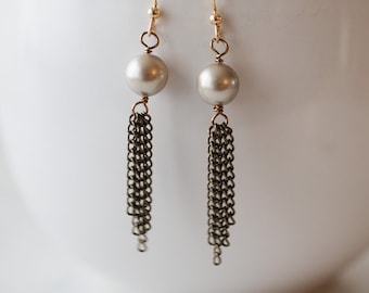 Antique brass tassel earrings with Swarovski pearls - FREE shipping