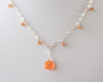 Delicate Carnelian, Swarovski crystal & sterling silver necklace - FREE shipping