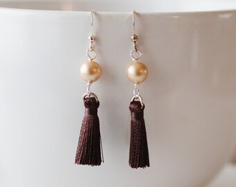 Brown silk tassel earrings with freshwater pearls - FREE shipping