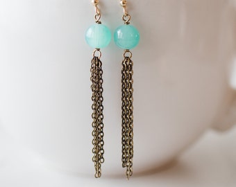 Brass tassel earrings with turquoise-colored beads & 14k gold-filled ear wires - FREE shipping