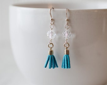 Turquoise suede tassel earrings with Swarovski crystals - FREE shipping