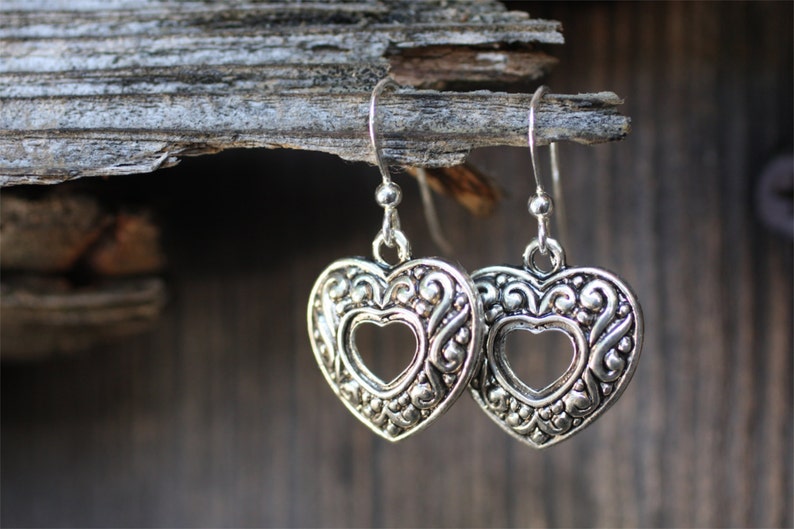 Pewter Heart Earrings with Sterling Silver Ear Wires image 1