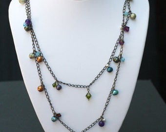 Freshwater Pearl, Swarovski Crystal, and Amethyst Long Necklace