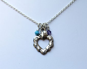 Pewter Heart Necklace with Birthstone Crystal Charms (A Mother's Love)