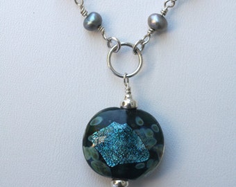 Dichroic Glass Pendant, Freshwater Pearl, and Sterling Silver Necklace - FREE shipping