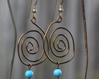 Antique Bronze & Turquoise Coil Earrings with 14k Gold-Filled Ear Wires