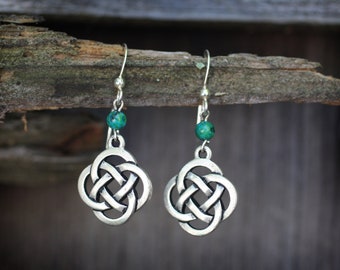 Celtic Knot Earrings with Malachite on Sterling Silver Ear Wires