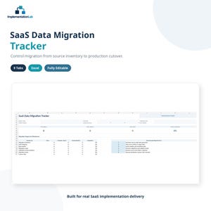 Puede incluir: Una plantilla de hoja de cálculo SaaS Data Migration Tracker con 9 pestañas, compatibilidad con Excel y campos editables. La interfaz muestra métricas de seguimiento de proyectos, progreso de migración por flujo de trabajo y un plan recomendado.