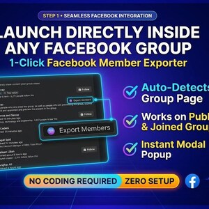 以下が含まれることがあります： 1クリックFacebookメンバーエクスポートツールのデジタルグラフィック。Facebookグループインターフェースのスクリーンショットと「Export Members」ボタンが表示され、グループページの自動検出、公開および参加済みグループでの動作、インスタントモーダルポップアップ、コーディング不要、セットアップ不要といった機能がテキストで強調されています。