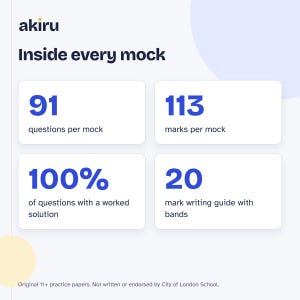 May include: An informational graphic titled akiru Inside every mock, featuring four white boxes with blue text: 91 questions per mock, 113 marks per mock, 100% of questions with a worked solution, and 20 mark writing guide with bands. Includes a disclaimer.