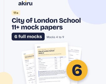Op de afbeelding: Een set van 11+ oefenexamens voor de City of London School van akiru, met 6 volledige proefexamens genummerd 4 tot 9. Het document toont een inhoudsopgave met secties voor wiskunde, Engels, non-verbaal redeneren en creatief schrijven.
