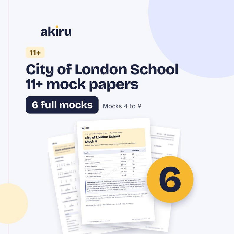 May include: A set of City of London School 11+ mock papers by akiru, featuring 6 full mock exams labeled Mocks 4 to 9. The document displays a table of contents with sections for mathematics, English, non-verbal reasoning, and creative writing.