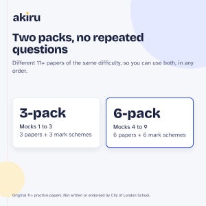 May include: A white informational graphic with dark blue text featuring the brand name akiru. It displays two options: a 3-pack containing mocks 1 to 3 with 3 papers and 3 mark schemes, and a 6-pack containing mocks 4 to 9 with 6 papers and 6 mark schemes.