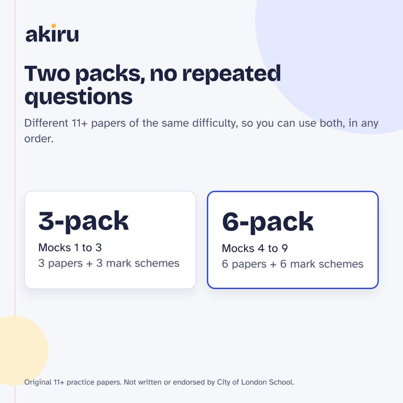 May include: A white informational graphic with dark blue text featuring the brand name akiru. It displays two options: a 3-pack containing mocks 1 to 3 with 3 papers and 3 mark schemes, and a 6-pack containing mocks 4 to 9 with 6 papers and 6 mark schemes.