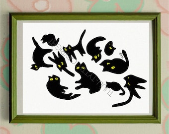 May include: A framed art print featuring multiple black cat silhouettes with bright yellow eyes scattered across a white background. The cats are depicted in various playful poses. The text TUULI-TYTTI is visible in the center.