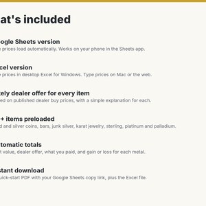 May include: A digital product information list titled What's included, featuring six bullet points with gold checkmarks. It details Google Sheets and Excel versions, dealer offers, 40+ preloaded items, automatic totals, and instant download.