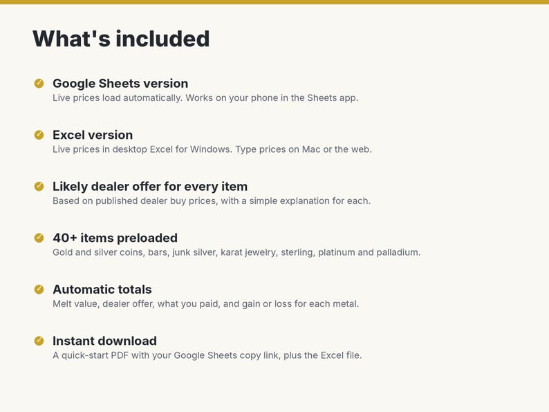 May include: A digital product information list titled What's included, featuring six bullet points with gold checkmarks. It details Google Sheets and Excel versions, dealer offers, 40+ preloaded items, automatic totals, and instant download.
