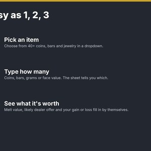 May include: A dark gray informational graphic titled Easy as 1, 2, 3. It lists three steps: 1. Pick an item from 40+ coins, bars, and jewelry. 2. Type how many coins, bars, grams, or face value. 3. See what it's worth including melt value and dealer offer.