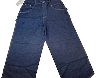 May include: Dark blue denim jeans featuring a wide-leg silhouette, a high-waisted design, and a button fly closure. The pants include two front pockets with visible stitching and a small white product tag attached to the waistband.