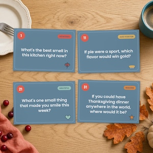 Tarjetas de conversación para el Día de Acción de Gracias, 40 tarjetas de preguntas imprimibles para todas las edades, juego para la mesa de la cena familiar, descarga instantánea.