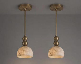 Marble Pendant Lights, Brass Ceiling Hanging Lamps, Mid Century Modern Lighting, Alabaster Dome Shades, Luxury Kitchen Island Fixtures