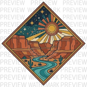May include: A diamond-shaped graphic illustration featuring a desert canyon landscape with red rock formations, a winding blue river, and green cacti. The sky transitions from a dark blue starry night to a bright yellow sun with rays.