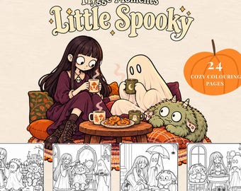 Pode incluir: Uma ilustração digital intitulada Hygge Moments Little Spooky apresentando uma pessoa de cabelos longos e escuros, um fantasma e um monstro verde bebendo de canecas. Inclui um prato de biscoitos de abóbora e quatro exemplos de páginas para colorir.