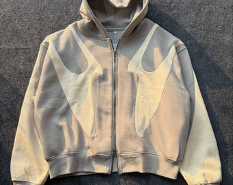 Beige Cream Abstract Panel Zip-Up Hoodie, Minimalist Streetwear Sweatshirt