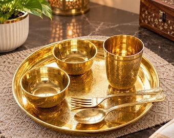 Handgjord middagsservis i ren mässing | Traditionell middagsservis med thali, 2 skålar, tumbler och 2 skedar