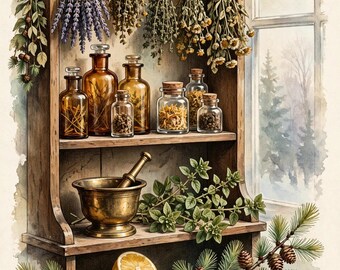 May include: A wooden shelf holds glass apothecary bottles filled with dried herbs, alongside bundles of hanging dried flowers and herbs. A brass mortar and pestle, fresh green herbs, sliced lemons, pine branches with cones, and dark berries are displayed.