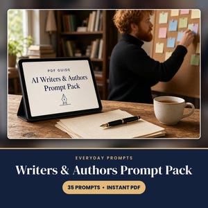 May include: A tablet displaying the text PDF GUIDE AI Writers & Authors Prompt Pack with a fountain pen icon, placed on a wooden desk next to a stack of papers, a black fountain pen, and a ceramic mug of coffee or tea.