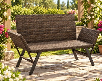 Outdoor Wicker Garden Bench, Brown Patio Seating Bench, Rattan Style Outdoor Furniture, Modern Backyard and Porch Bench