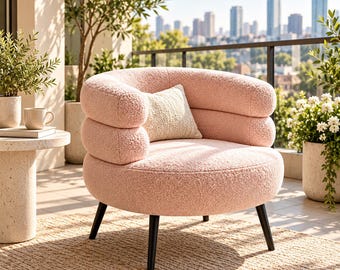 Pink Boucle Accent Chair, Modern Upholstered Lounge Chair, Plush Barrel Chair with Black Legs, Contemporary Living Room Furniture