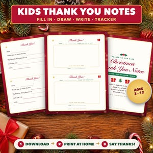 Pode incluir: Três modelos imprimíveis de notas de agradecimento de Natal para crianças com linhas para preencher, caixas de desenho e um rastreador. Os cartões têm bordas vermelhas com detalhes dourados e o texto Kids Thank You Notes, Fill In, Draw, Write, Tracker.
