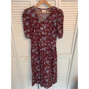 VTG Robin Gayle Floral Prairie Dress Midi 11 Cotton Puff Sleeve Burgundy USA 80s