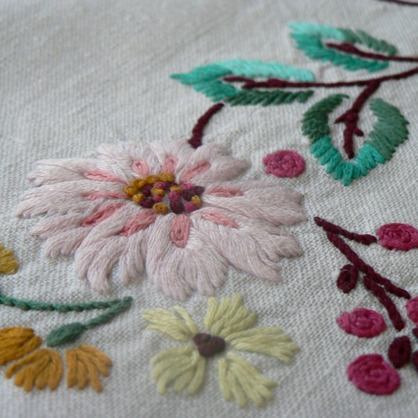 Tablecloth English embroidery on white linen turquoise and pink