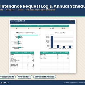 Rental Maintenance Request Log & Annual Maintenance Schedule Spreadsheet, Landlord Repair Tracker, Vendor List, Excel Google Sheets