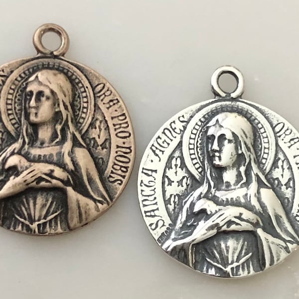 St. Agnes Medal  -  Bronze or Sterling Silver - Saint Agnes with Lamb - Reproduction - Made in USA