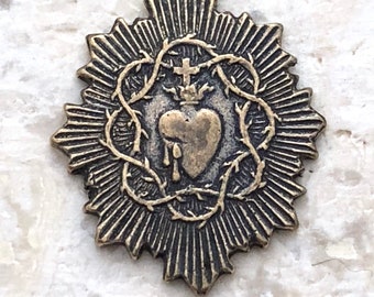 French Sacred Heart Medal - 3/4" - Bronze or Sterling Silver - Sacred Heart Medal - Reproduction Medal - Made in USA