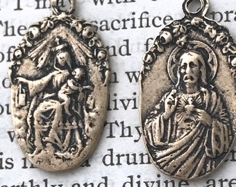 Scapular Medal- Sacred Heart Medal - Our Lady of Mount Carmel Medal - Bronze or Sterling Silver - Religious Medal - Reproduction