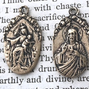 Scapular Medal- Sacred Heart Medal - Our Lady of Mount Carmel Medal - Bronze or Sterling Silver - Religious Medal - Reproduction