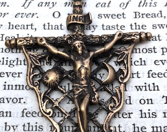 Sun and Moon Crucifix - 2 1/4" - Bronze or Sterling Silver - Bronze Crucifix - Reproduction  - Made in the USA