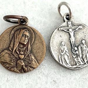 Small Seven Sorrows of Mary - Seven Sorrows Medal - Bronze or Sterling Silver - Crucifix - St Mary Magdalene - St John - Reproduction Medal