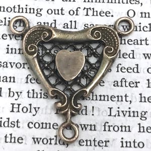Victorian Heart Three Way Connector - Heart Rosary Center - 1 1/4&quot; - Bronze or Sterling Silver - Rosary Center - Vintage Replica  (R66-402))
